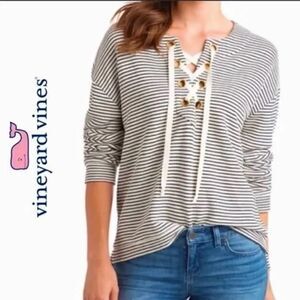Vineyard Vines Black & White Striped Bateau Lace Up Pullover Sweater Sz XL